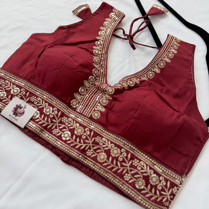 Maroon Saree Blouse, Gold Zari Embroidered Blouse, Ready to Wear Indian Blouse, Sleeveless Designer Blouse, Wedding Festive Blouse