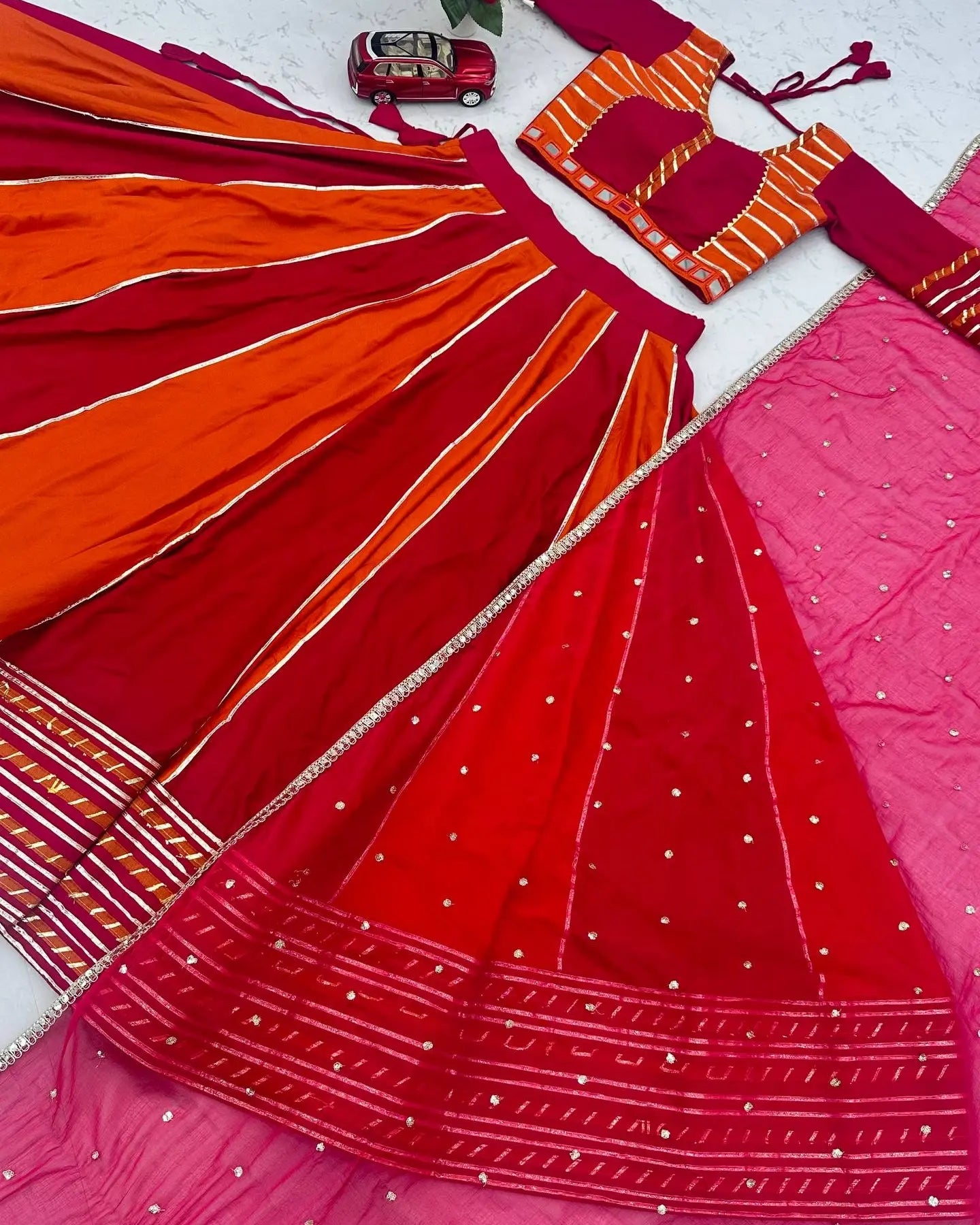 Navratri Lehenga Choli for Women, Pink Orange Cotton Garba Chaniya Choli, Mirror Work Dandiya Outfit, Indian Wedding Festive Lehenga Set