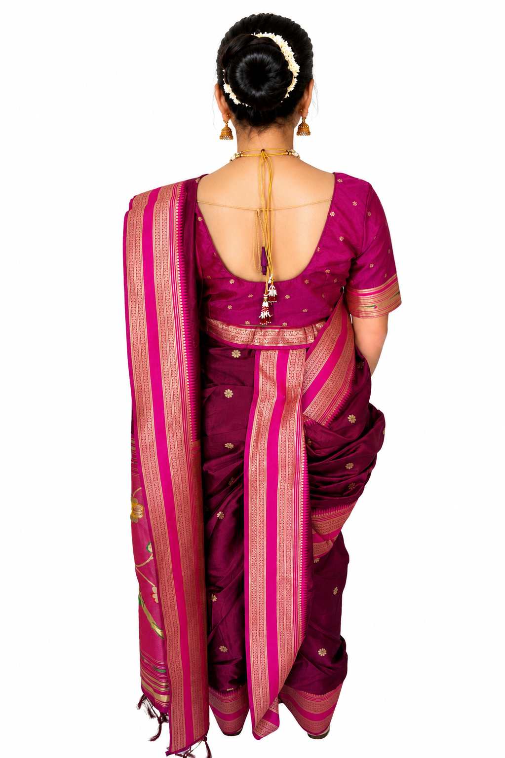 Ready to Wear Nauvari Saree with Blouse | Wine Shahi Mastani Style | Semi Silk Paithani 9 Yard Saree | Fully Stitched Maharashtrian Saree