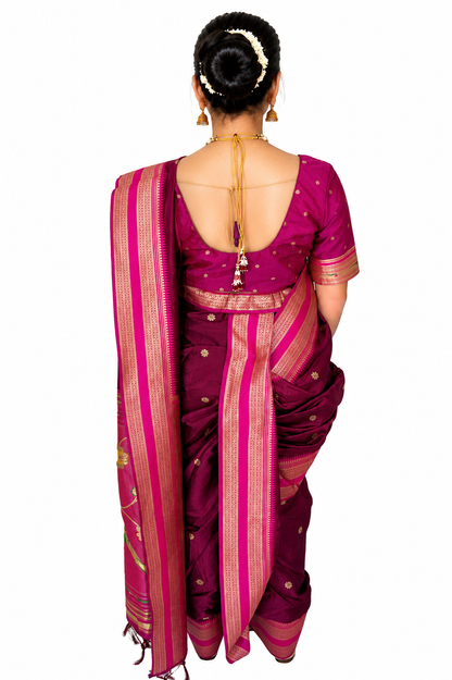 Ready to Wear Nauvari Saree with Blouse | Wine Shahi Mastani Style | Semi Silk Paithani 9 Yard Saree | Fully Stitched Maharashtrian Saree