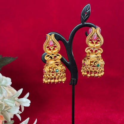Antique Gold Temple Jhumka Earrings with Pink & Green Stones | Traditional Matte Gold Jhumki | Bridal Ethnic Earrings | South Indian Temple