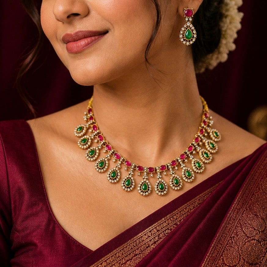 Emerald Green & Ruby Pink Stone Necklace Set, Gold Bridal Jewelry Set, Wedding Necklace, Statement CZ Necklace with Earrings, Festive wear