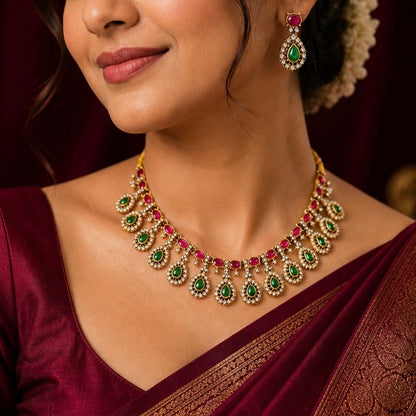 Emerald Green & Ruby Pink Stone Necklace Set, Gold Bridal Jewelry Set, Wedding Necklace, Statement CZ Necklace with Earrings, Festive wear