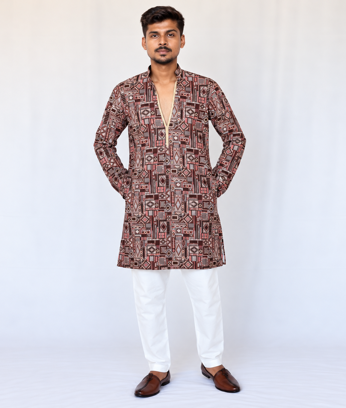 Men’s Maroon Brown Printed Kurta Pajama Set, Armani Fabric Geometric Print Kurta, Indian Festive Wear, Diwali Outfit, Men’s Navratri outfit