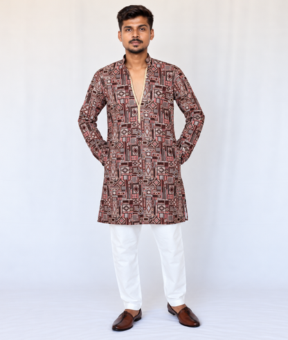 Men’s Maroon Brown Printed Kurta Pajama Set, Armani Fabric Geometric Print Kurta, Indian Festive Wear, Diwali Outfit, Men’s Navratri outfit