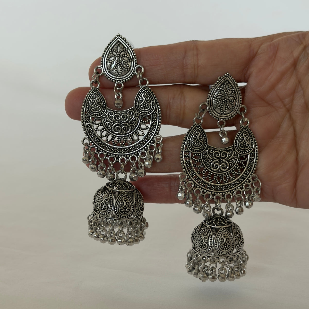 Oxidized Silver Chandbali Jhumka Earrings, Long Indian Statement Earrings, Traditional Ethnic Jewelry, Boho Dangle Earrings for Women