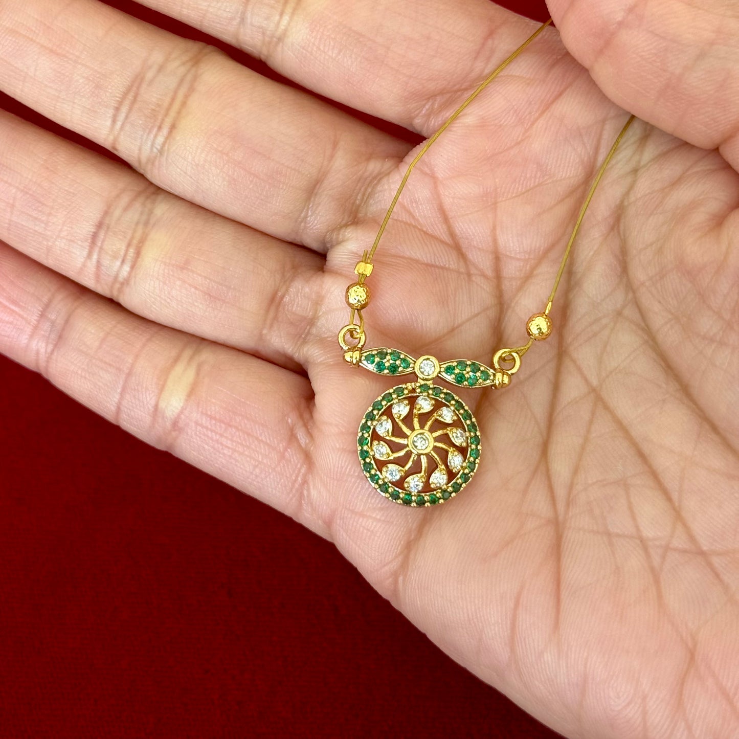 Emerald Green Invisible Chain Pendant Set with Stud Earrings | Gold Finish CZ Floral Round Pendant Necklace | Elegant Minimal Jewelry Set