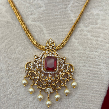 Ruby Red AD Stone Necklace Set, Gold Tone Pendant Necklace with Pearl Drops, Matching Earrings, Indian Wedding Jewelry, Ships from USA