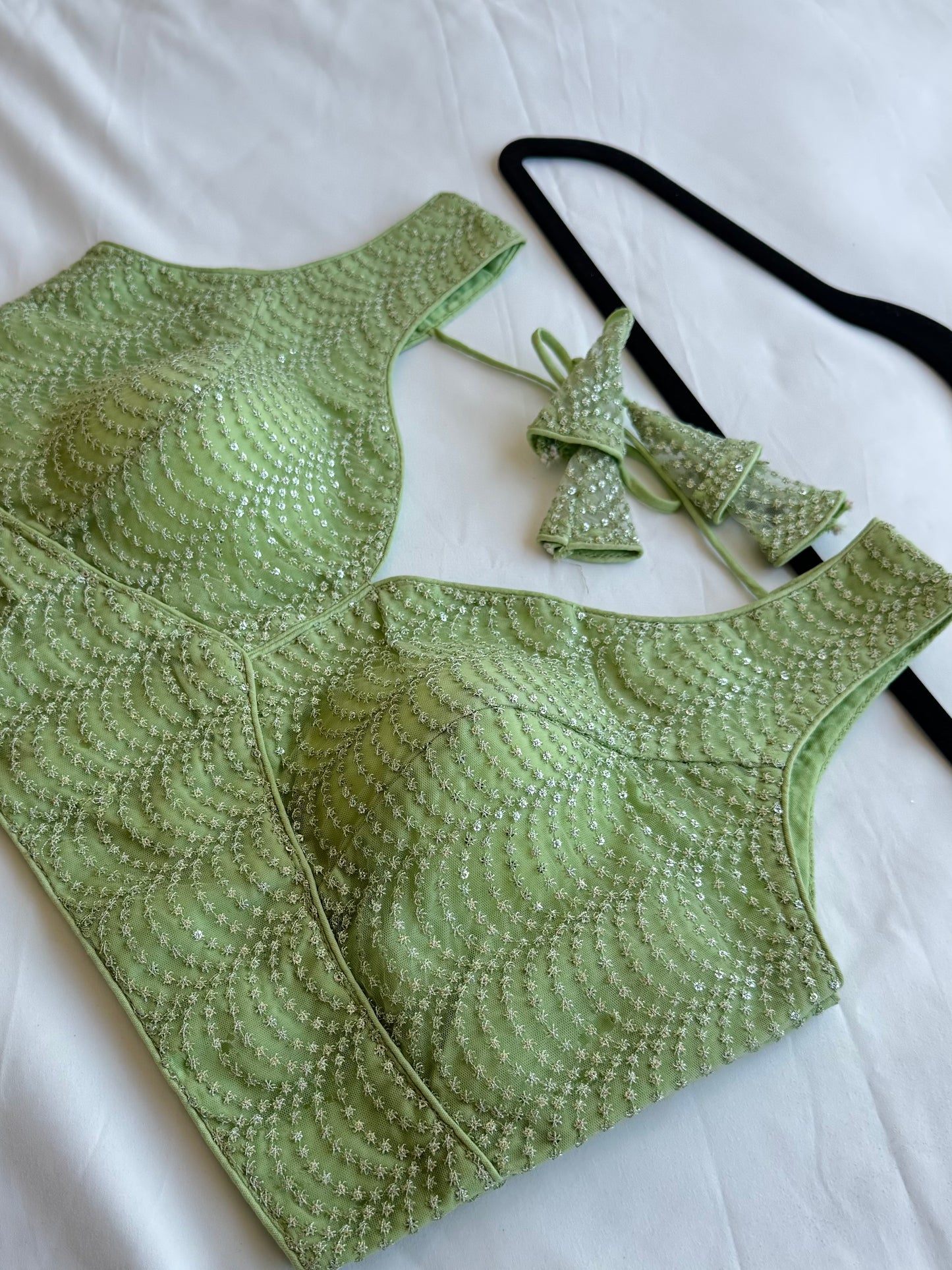 Mint Green Sequin Designer Blouse | Readymade Padded Saree Blouse | Elegant Party Wear Blouse with Tie Back | Size 38–42