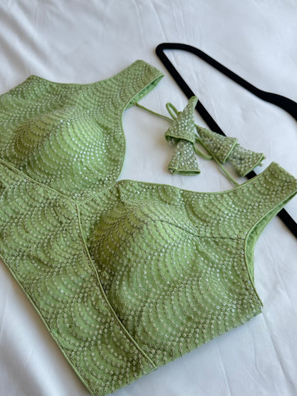 Mint Green Sequin Designer Blouse | Readymade Padded Saree Blouse | Elegant Party Wear Blouse with Tie Back | Size 38–42