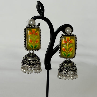 Hand Painted Mustard Green Jhumka Earrings, Oxidized Silver Floral Earrings, Pearl Drop Indian Earrings, Boho Statement Jewelry, Navratri Ea