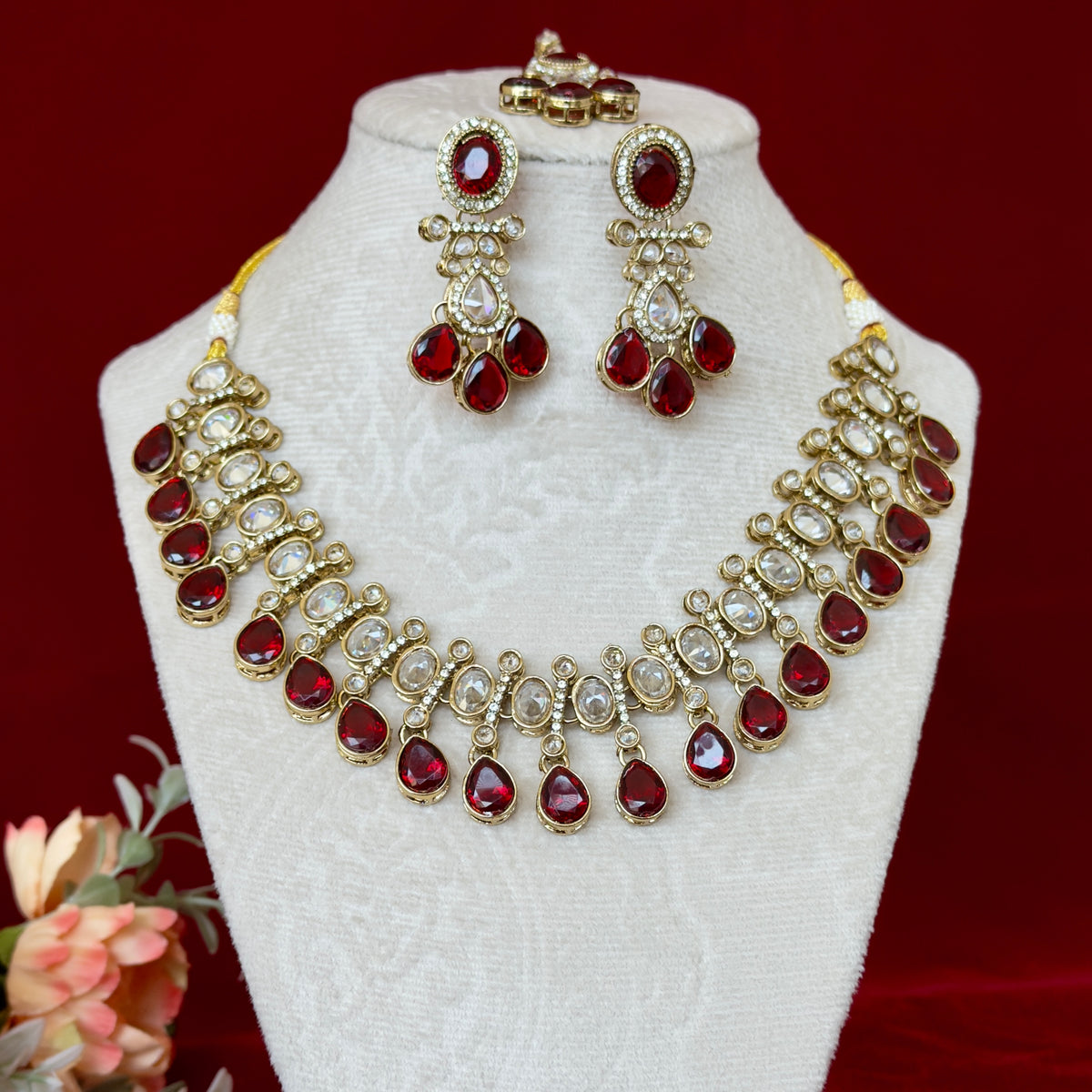 Maroon Kundan Necklace Set with Earrings & Maang Tikka, Indian Bridal Jewelry Set, Gold Tone Kundan Wedding Necklace, Traditional Jewelry