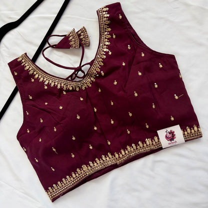 Wine Jacquard Saree Blouse, Gold Embroidered Designer Blouse, Deep Back Neck Blouse with Latkan, Ready to Wear Indian Blouse, Crop top