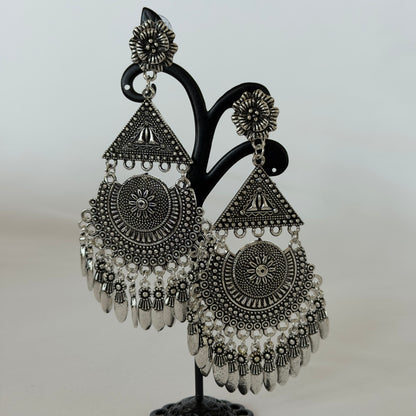 Oxidized Silver Afghani Earrings, Long Tribal Chandbali Earrings, Boho Statement Earrings, Indian Ethnic Jewelry, Silver Dangle Earrings