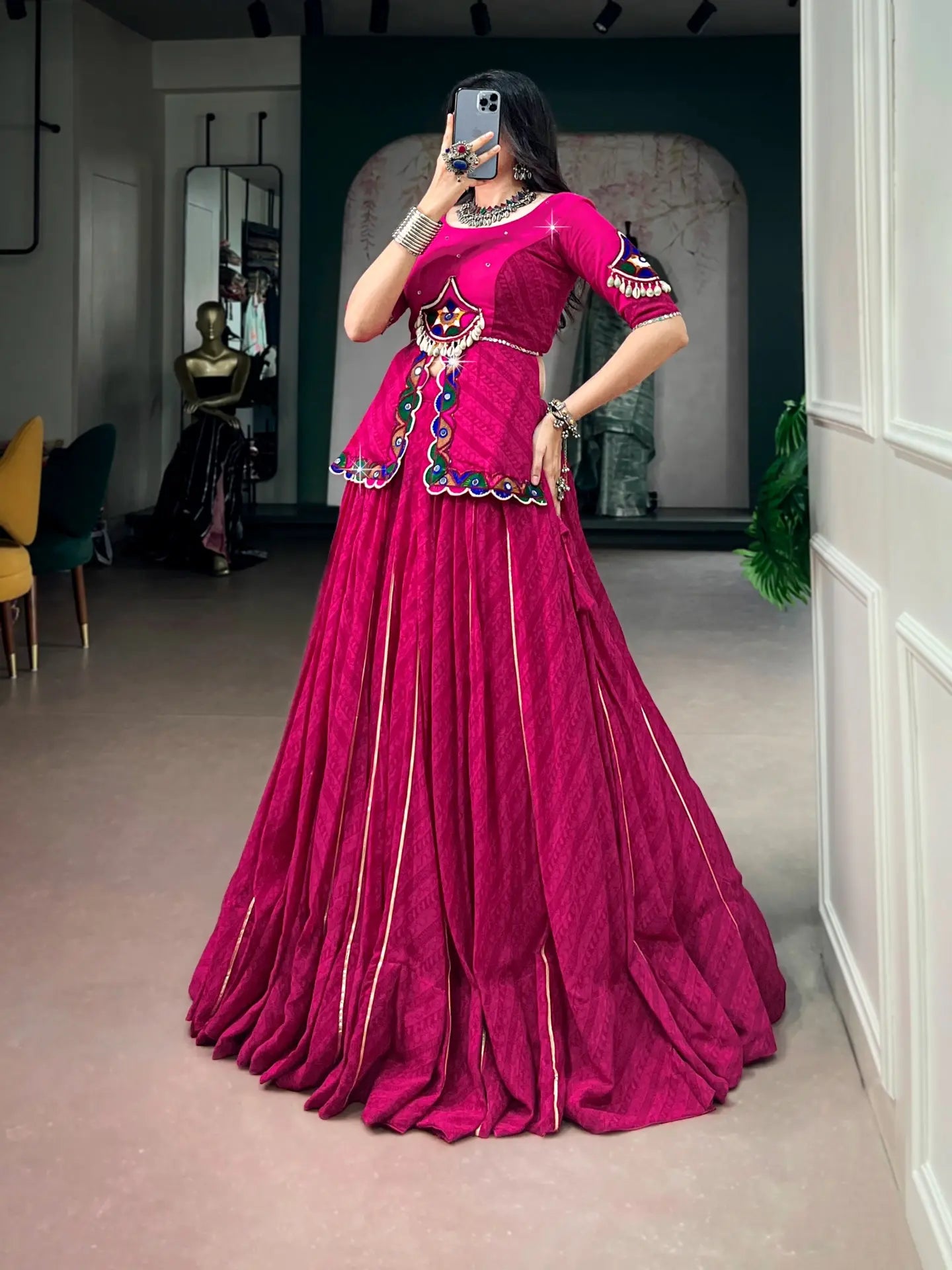 Navratri Lehenga Choli for Women, Pink Garba Chaniya Choli, Gamthi Mirror Work Blouse, Georgette Lehenga, Dandiya Indian Festival Outfit