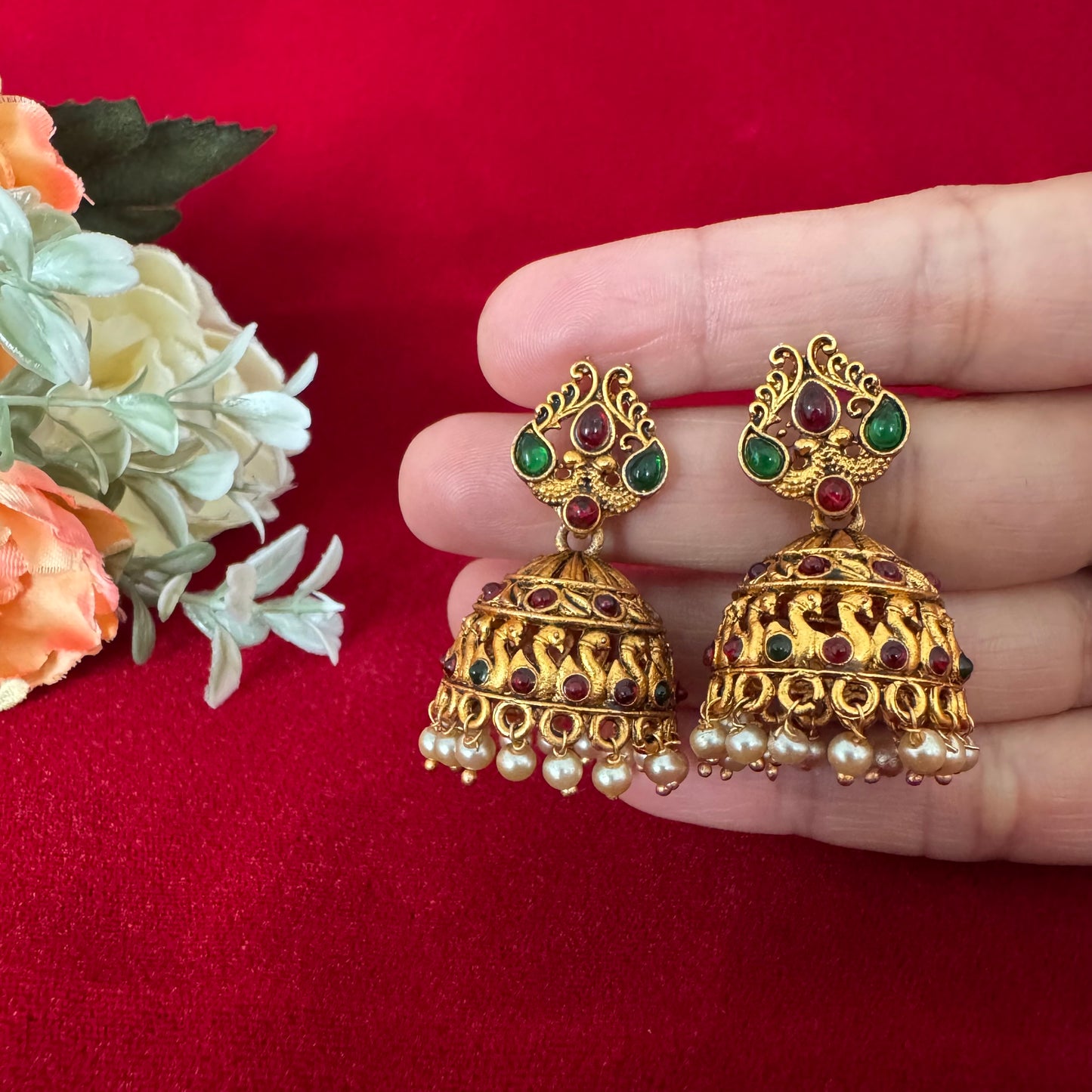 Antique Gold Jhumka Earrings, Traditional Temple Jhumki, Red Green Stone Pearl Jhumkas, Indian Bridal Earrings, Ethnic Festive Jewelry, Wedd