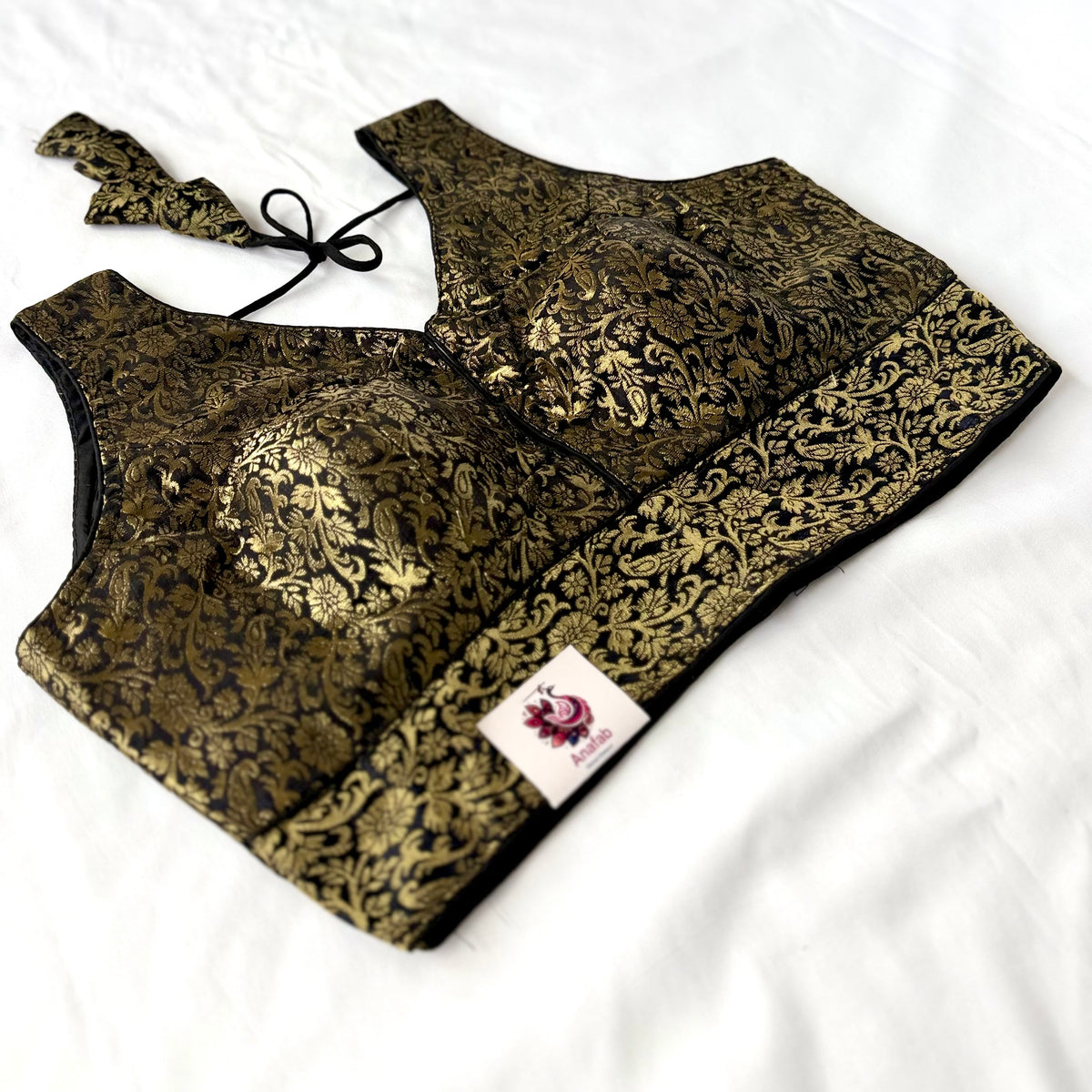 Black & Gold Brocade Saree Blouse, Readymade Indian Blouse, Padded Designer Blouse, Deep Back Neck Choli, Wedding Festive Blouse, Crop top