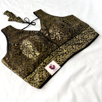 Black & Gold Brocade Saree Blouse, Readymade Indian Blouse, Padded Designer Blouse, Deep Back Neck Choli, Wedding Festive Blouse, Crop top