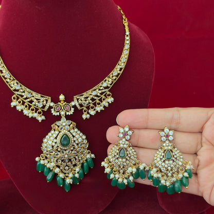 Victorian Mehendi Polish Necklace Set with Green Beads, Kundan Stones & Pearl Drops, Indian Bridal Wedding Jewelry, Ships from USA