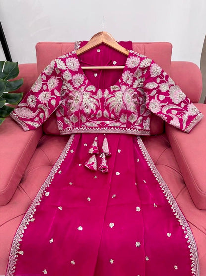 Designer Rani Pink Saree with Embroidered Readymade Blouse, Sequin Work Indian Saree, Wedding Guest saree & Festive Saree, Party Wear Saree