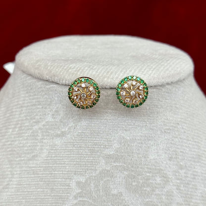 Emerald Green Invisible Chain Pendant Set with Stud Earrings | Gold Finish CZ Floral Round Pendant Necklace | Elegant Minimal Jewelry Set