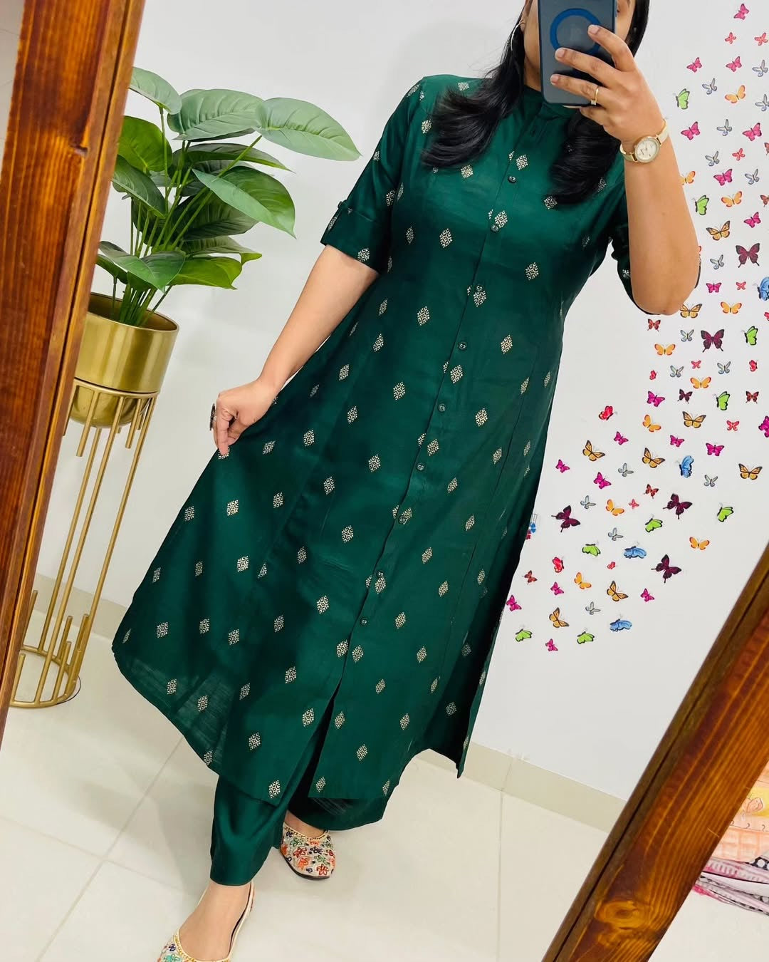 Emerald Green Cotton Co-Ord Set for Women, Princess Cut A Line Kurti with Pants, Ethnic Co-ords with Pockets, Daily Wear Outfit, office wear