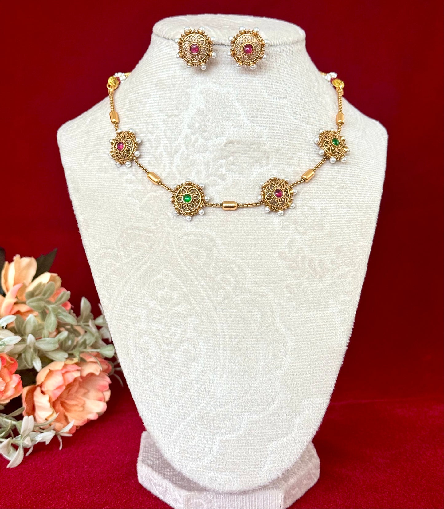Antique Gold Floral Necklace Set, Ruby Emerald Stone Short Necklace, Traditional Temple Jewelry, Pearl Accent Indian Necklace, Bridal Festiv