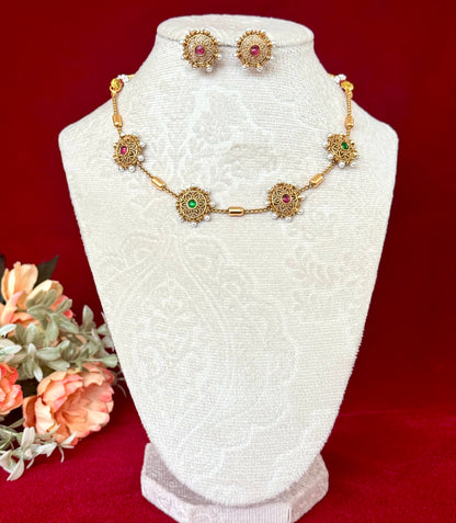 Antique Gold Floral Necklace Set, Ruby Emerald Stone Short Necklace, Traditional Temple Jewelry, Pearl Accent Indian Necklace, Bridal Festiv