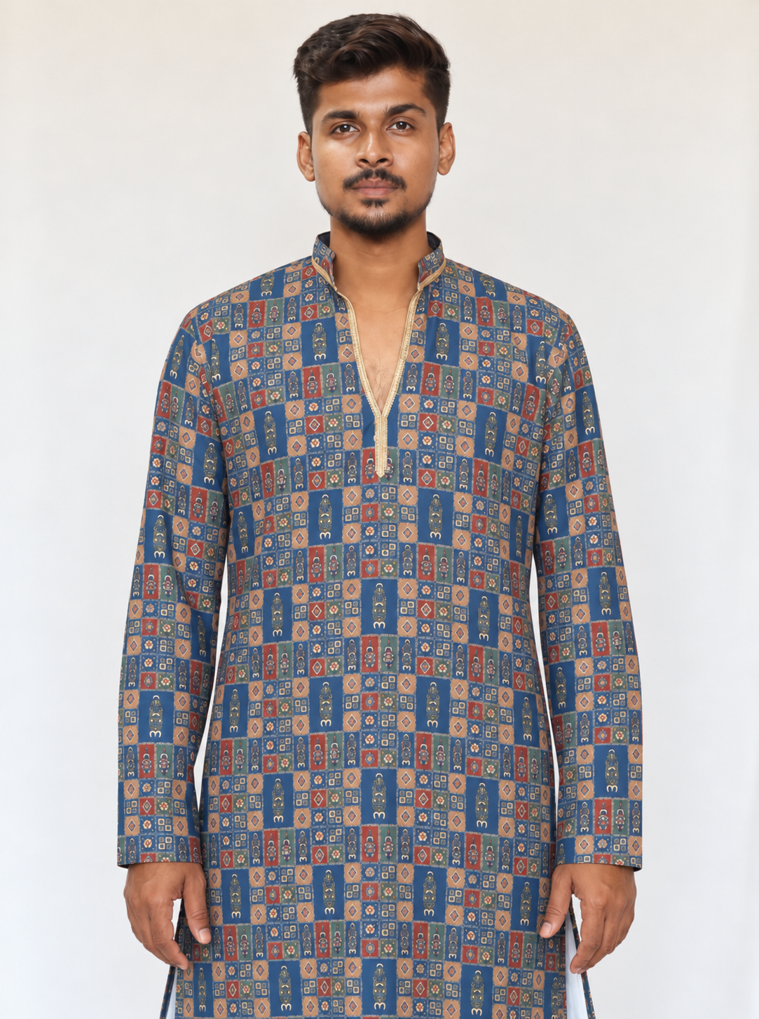 Men’s Grey Blue Armani Kurta Pajama Set, Golden Foil Print Indian Kurta, Wedding Guest Outfit, Diwali Festive Wear, Traditional Ethnic Dress