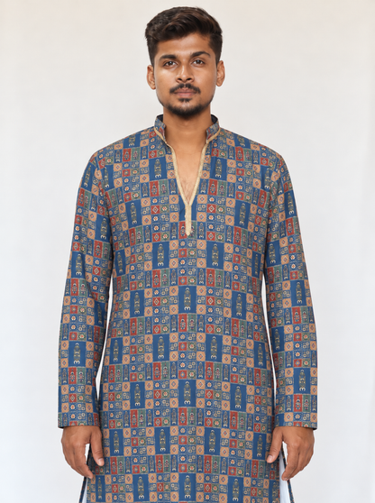 Men’s Grey Blue Armani Kurta Pajama Set, Golden Foil Print Indian Kurta, Wedding Guest Outfit, Diwali Festive Wear, Traditional Ethnic Dress
