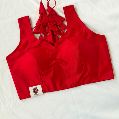 Red Taffeta Saree Blouse, Ready to Wear Sleeveless Indian Blouse, Deep Back Dori Latkan Blouse, Wedding Blouse, Bust 38-42