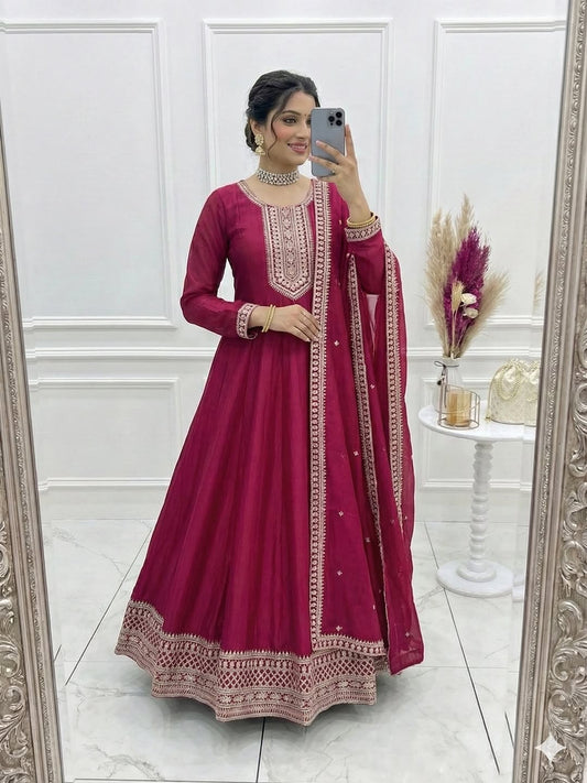 Dark Pink Anarkali Gown with Dupatta, Pure Vichitra Silk Dress, Heavy Embroidery Kali Anarkali Dress, Indian Wedding Festive Outfit