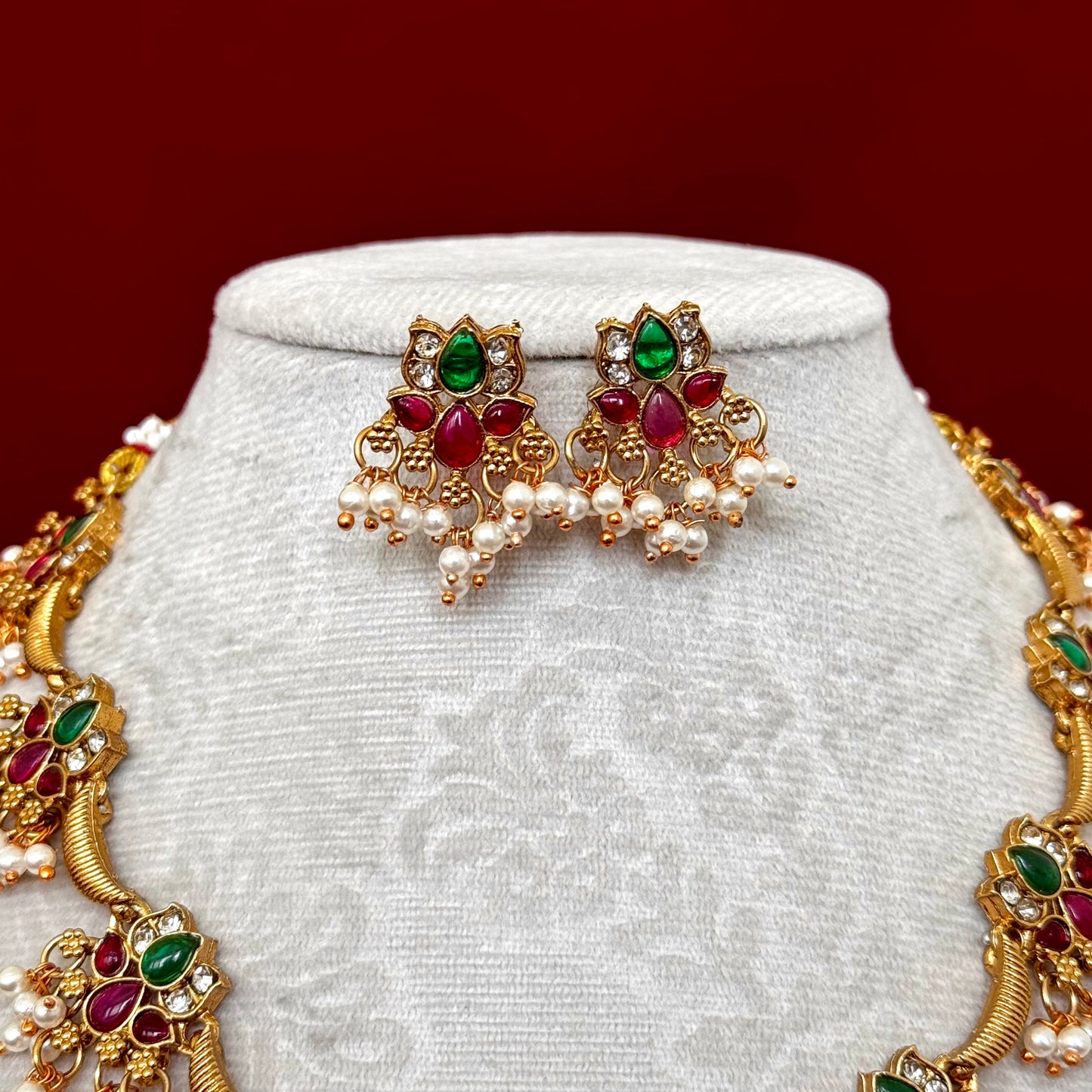 Temple Style Gold Necklace Set with Green & Ruby Stones, Pearl Drop Indian Jewelry, Traditional Bridal Necklace, Festive Wedding Jewelry Set