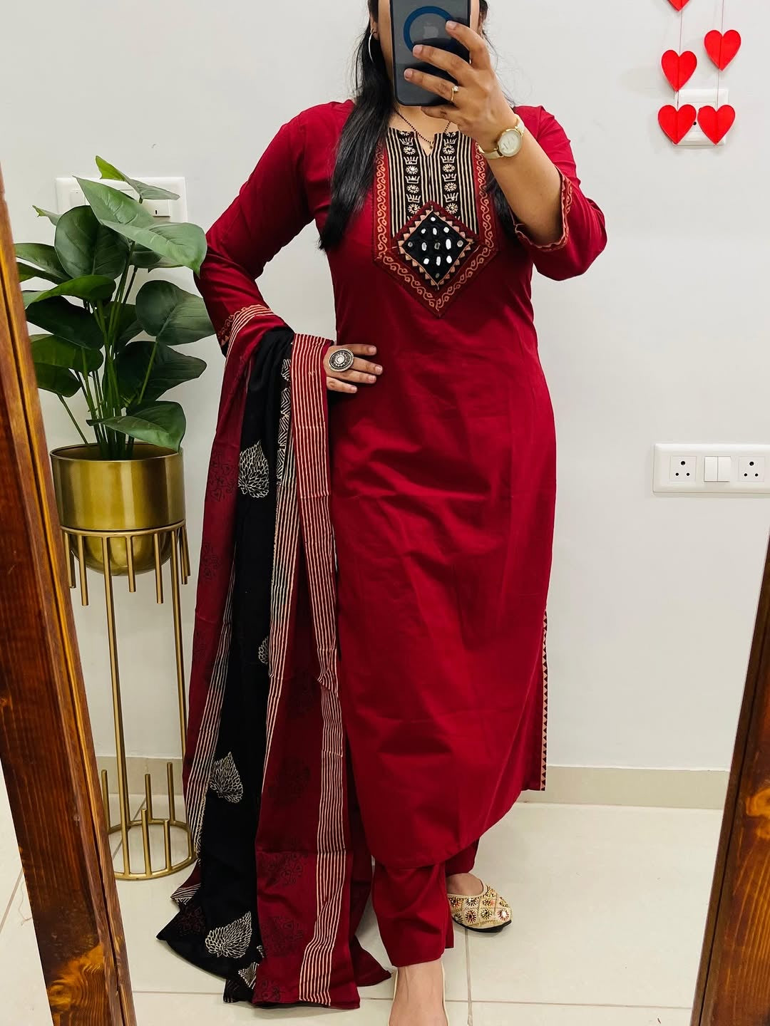 Red Dabu Cotton Suit Set with Dupatta, Kutch Work Kurta Set, Pure Cotton Salwar Suit, Ethnic Indian Suit for Women, Daily Wear Kurti Set