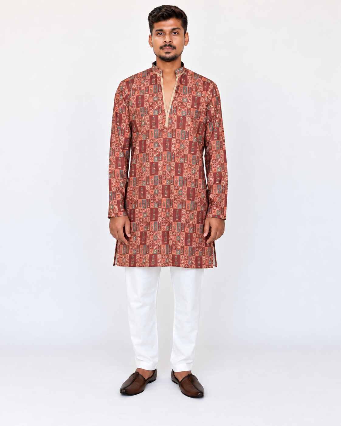 Men’s Orange Maroon Kurta Pajama Set, Soft Armani Fabric Printed Kurta with Golden Shine, Indian Wedding Outfit, Diwali Festive Wear for Men