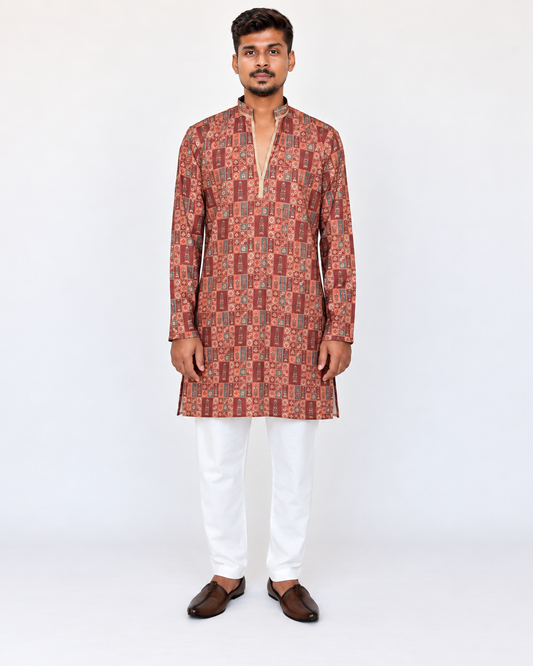 Men’s Orange Maroon Kurta Pajama Set, Soft Armani Fabric Printed Kurta with Golden Shine, Indian Wedding Outfit, Diwali Festive Wear for Men