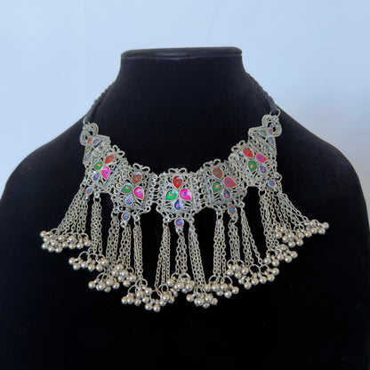 Oxidized Silver Multicolor Necklace Set, Ghungroo Statement Jewelry, Indian Boho Necklace Earrings, Navratri Garba Jewelry, Tribal Jewelry S