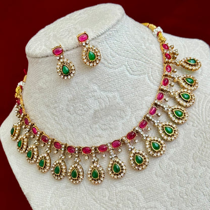 Emerald Green & Ruby Pink Stone Necklace Set, Gold Bridal Jewelry Set, Wedding Necklace, Statement CZ Necklace with Earrings, Festive wear