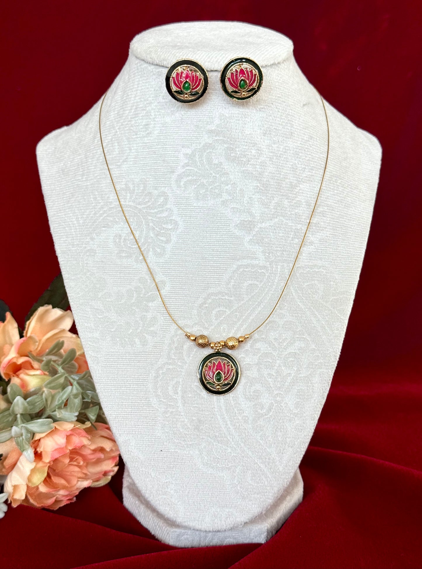 Invisible Chain Lotus Pendant Necklace Set | Minimal Indian Jewelry with Earrings | Floating Pendant Jewelry | Diwali Navratri Gift | Lightw