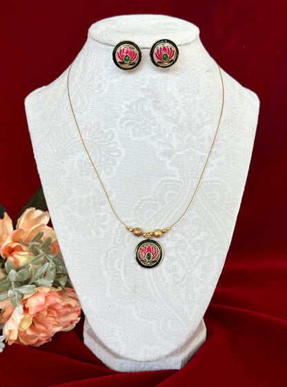Invisible Chain Lotus Pendant Necklace Set | Minimal Indian Jewelry with Earrings | Floating Pendant Jewelry | Diwali Navratri Gift | Lightw