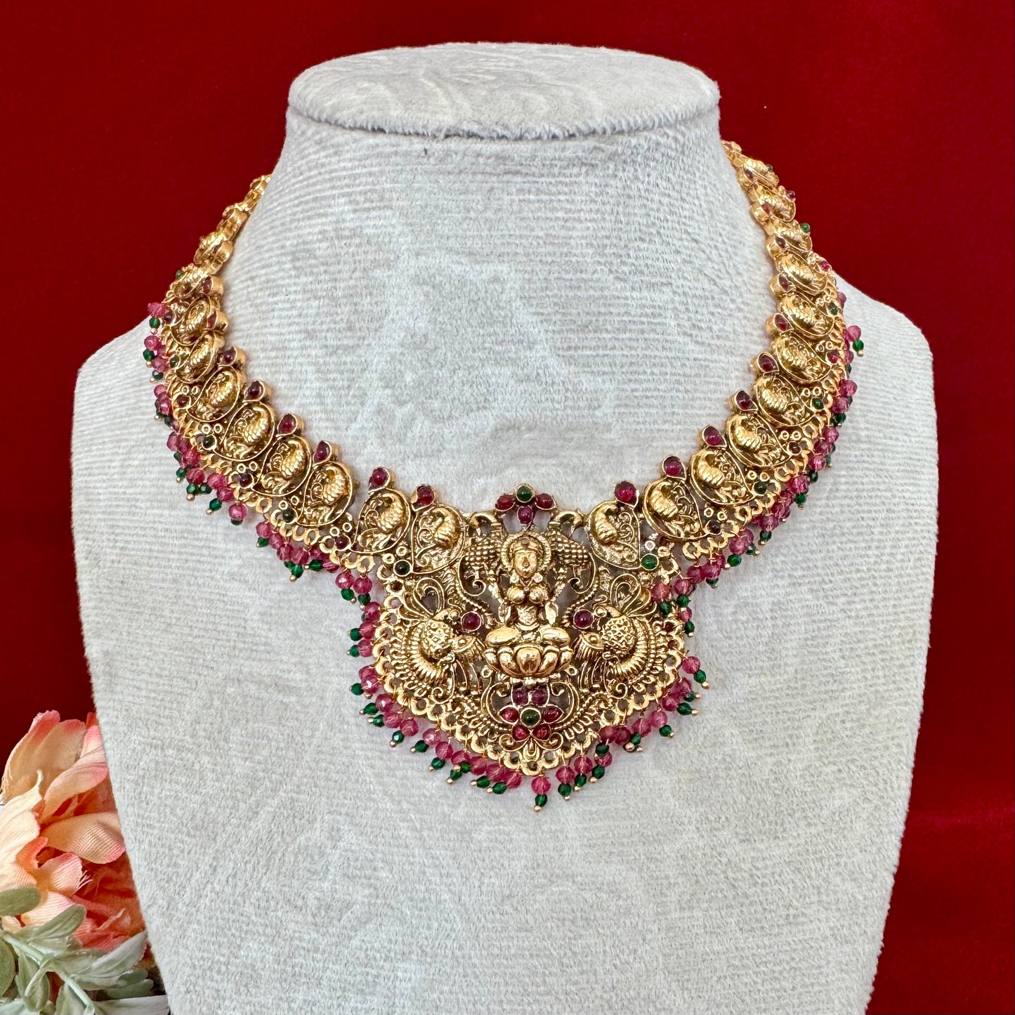 Antique Gold Lakshmi Temple Necklace Set, South Indian Bridal Jewelry, Traditional Goddess Pendant Necklace, Red Green Beads Temple Jewelry