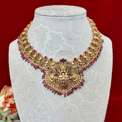 Antique Gold Lakshmi Temple Necklace Set, South Indian Bridal Jewelry, Traditional Goddess Pendant Necklace, Red Green Beads Temple Jewelry