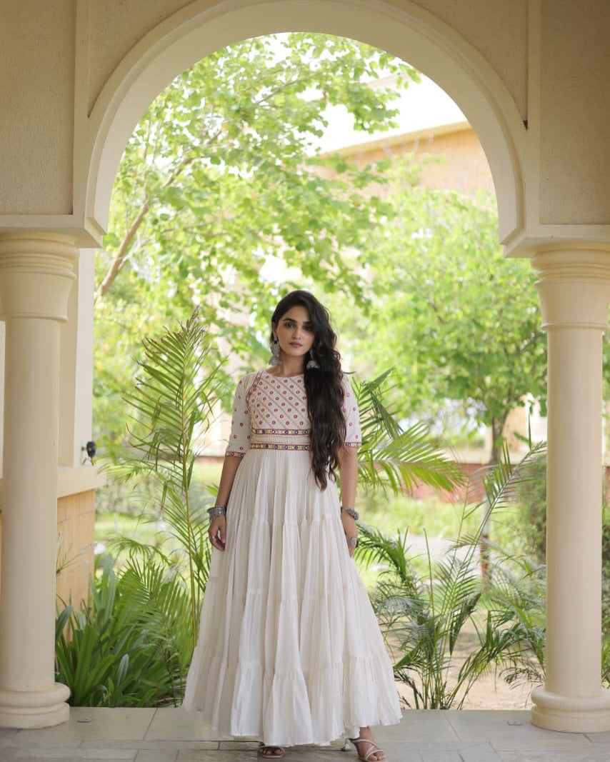 Navratri white Gown for Women, Garba Dandiya Dress, Mirror Work Kora Cotton Gown, Embroidered Indian Festival Dress, 12 Meter Flair