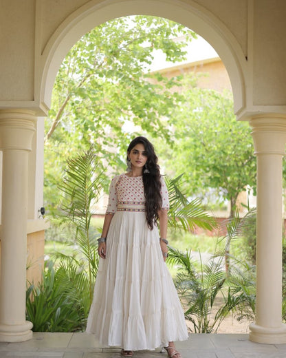 Navratri white Gown for Women, Garba Dandiya Dress, Mirror Work Kora Cotton Gown, Embroidered Indian Festival Dress, 12 Meter Flair