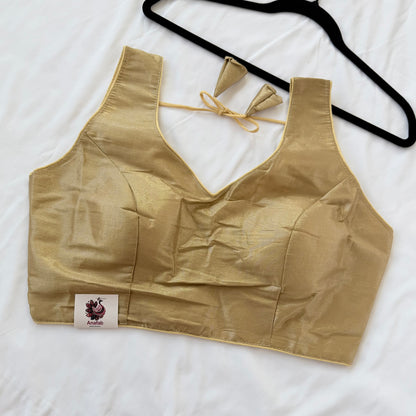Gold Tissue Silk Saree Blouse, Ready to Wear Golden Blouse, Padded V Neck Blouse, Indian Saree Blouse, Festive Wedding Blouse , Crop top