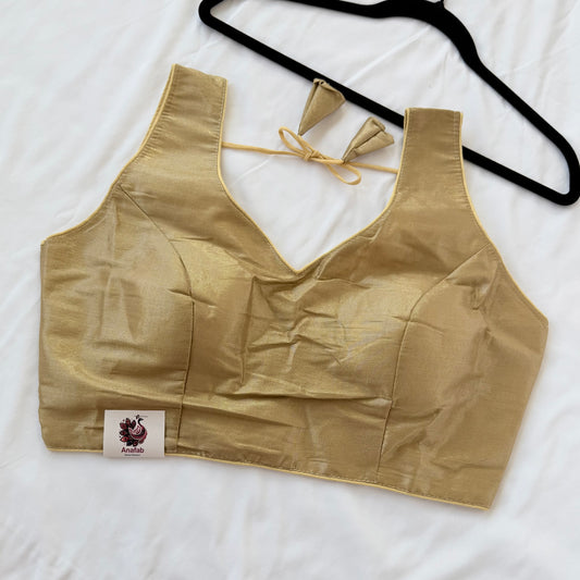 Gold Tissue Silk Saree Blouse, Ready to Wear Golden Blouse, Padded V Neck Blouse, Indian Saree Blouse, Festive Wedding Blouse , Crop top