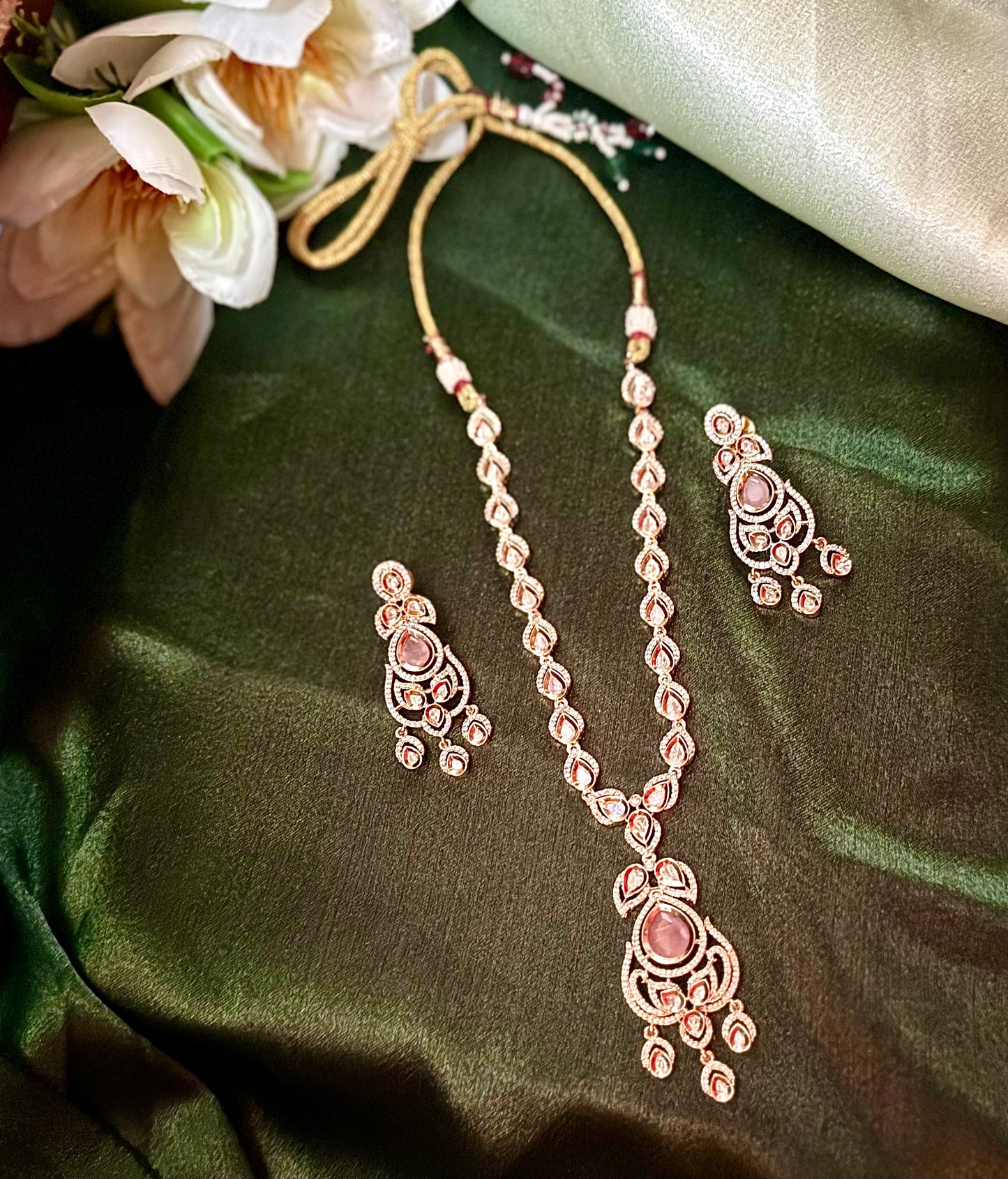Elegant Kundan Necklace with pink Pendant and Earrings | Party & Bridal Jewelry, ad jewelry, designer necklace, stone jewelry