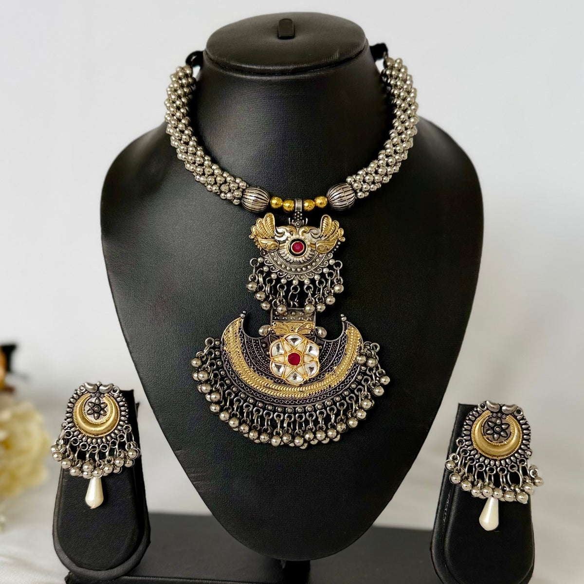 Oxidized Silver Gold Necklace Set, Statement Tribal Jewelry, Dual Tone Indian Necklace, Ghungroo Pendant Earrings, Navratri Garba Jewelry