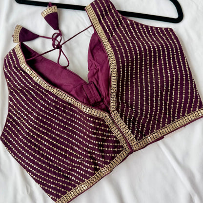Wine Purple Saree Blouse, V Neck Zari Embroidered Blouse, Sleeveless Ready to Wear Indian Blouse, Wedding Festive Blouse, Crop top, lehenga