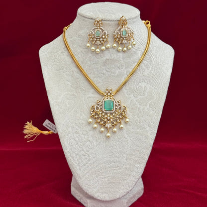 Turquoise CZ Polki Necklace Set with Pearl Drops, Indian Bridal Jewelry Set, Gold Tone Pendant Necklace, Statement Earrings, Party Wear Jew
